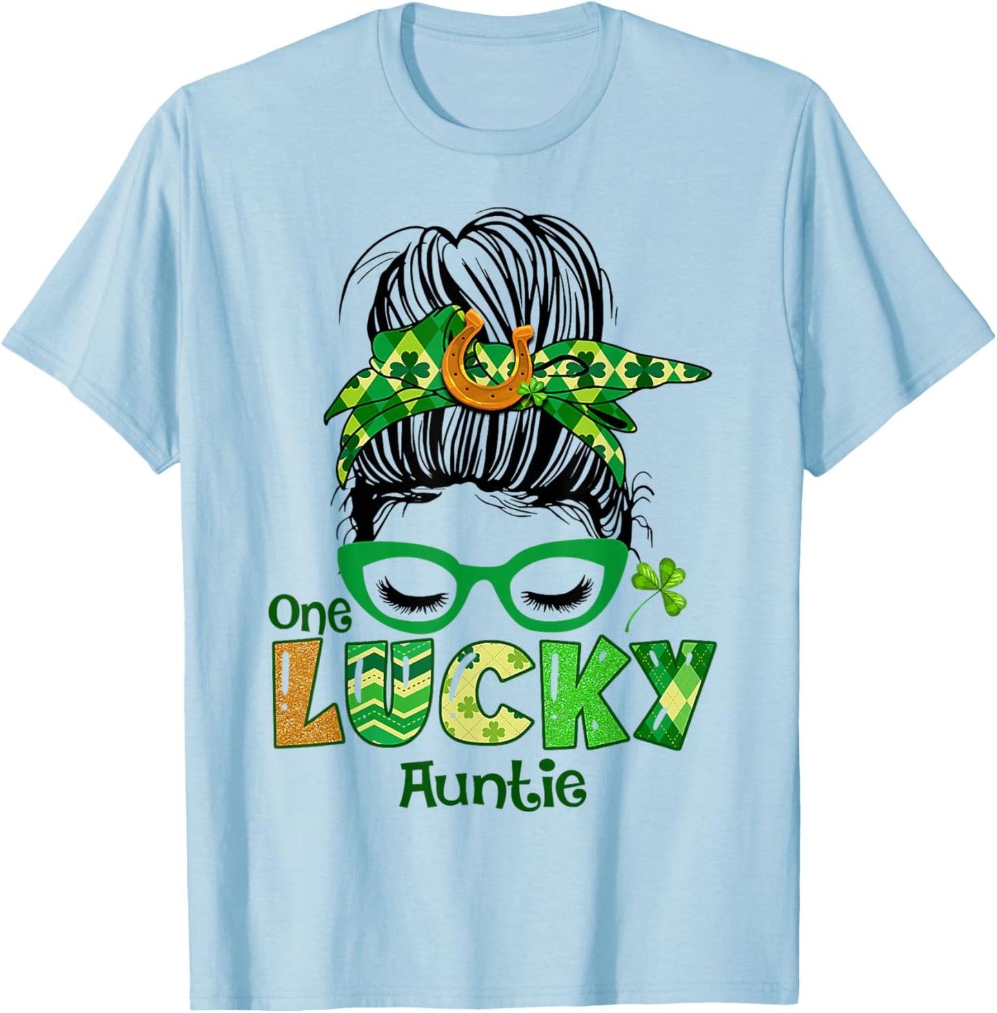 One Lucky Auntie Messy Bun Leopard St Patrick's Day Shamrock T-Shirt - T-Shirt | Light Blue