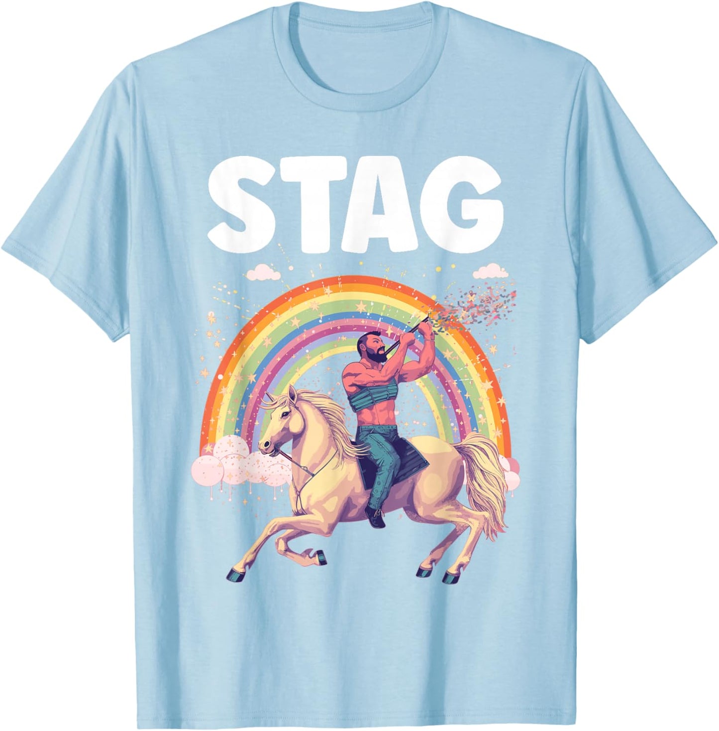Funny Stag Do Pink Rainbow Man Riding A Horse Stag Costume T-Shirt - T-Shirt | Light Blue