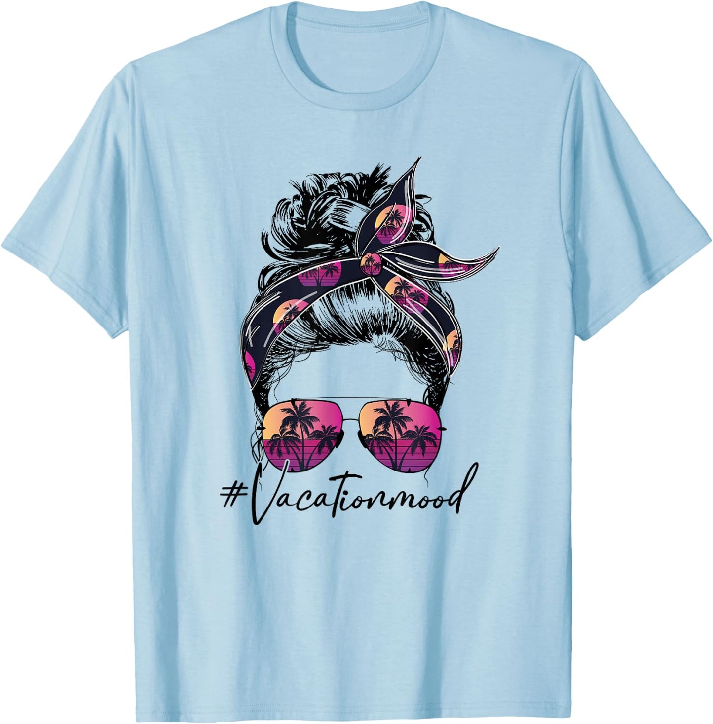 Vacation Mood Messy Bun Sunglasses Family Matching T-Shirt - T-Shirt | Light Blue