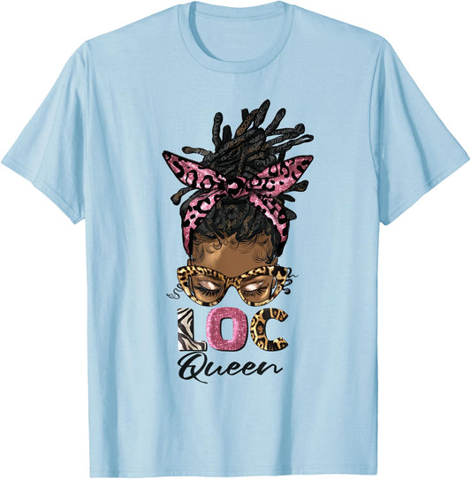 Loc'd Queen Afro Messy Bun Leopard Black Woman Birthday T-Shirt - T-Shirt | Light Blue
