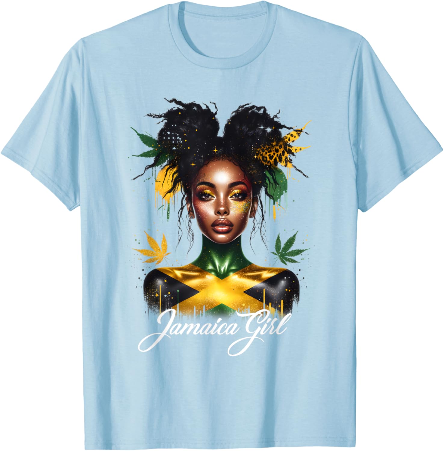 Woman Afro Jamaican Girl Jamaica Flag Pride Black Messy Bun T-Shirt - T-Shirt | Light Blue