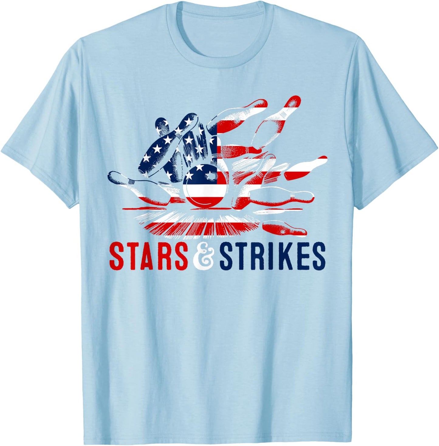4th of July Bowling Pun | Retro Stars & Strikes Bowling T-Shirt - T-Shirt | Light Blue