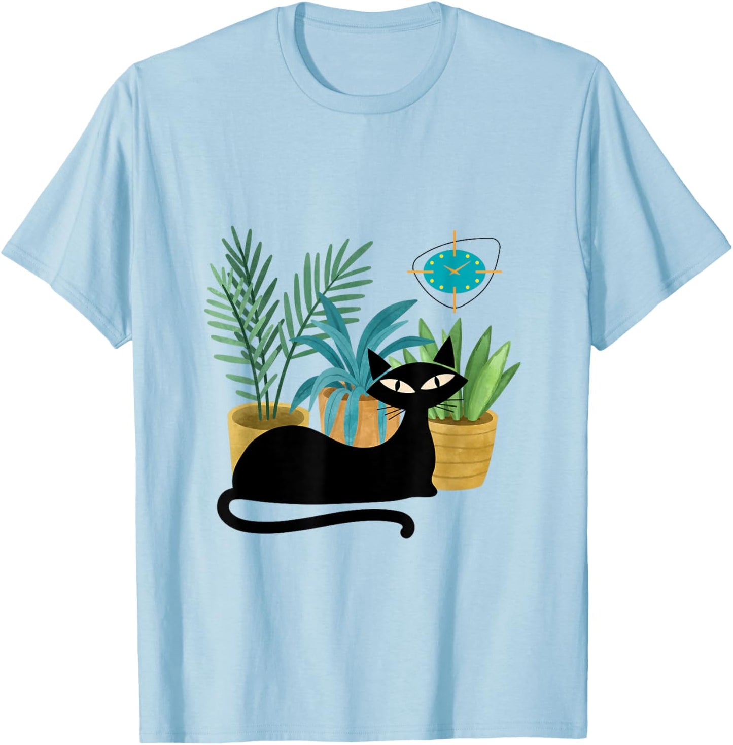 Cat Botanical Theme Midcentury Atomic Age Modern Mid Century T-Shirt - T-Shirt | Light Blue