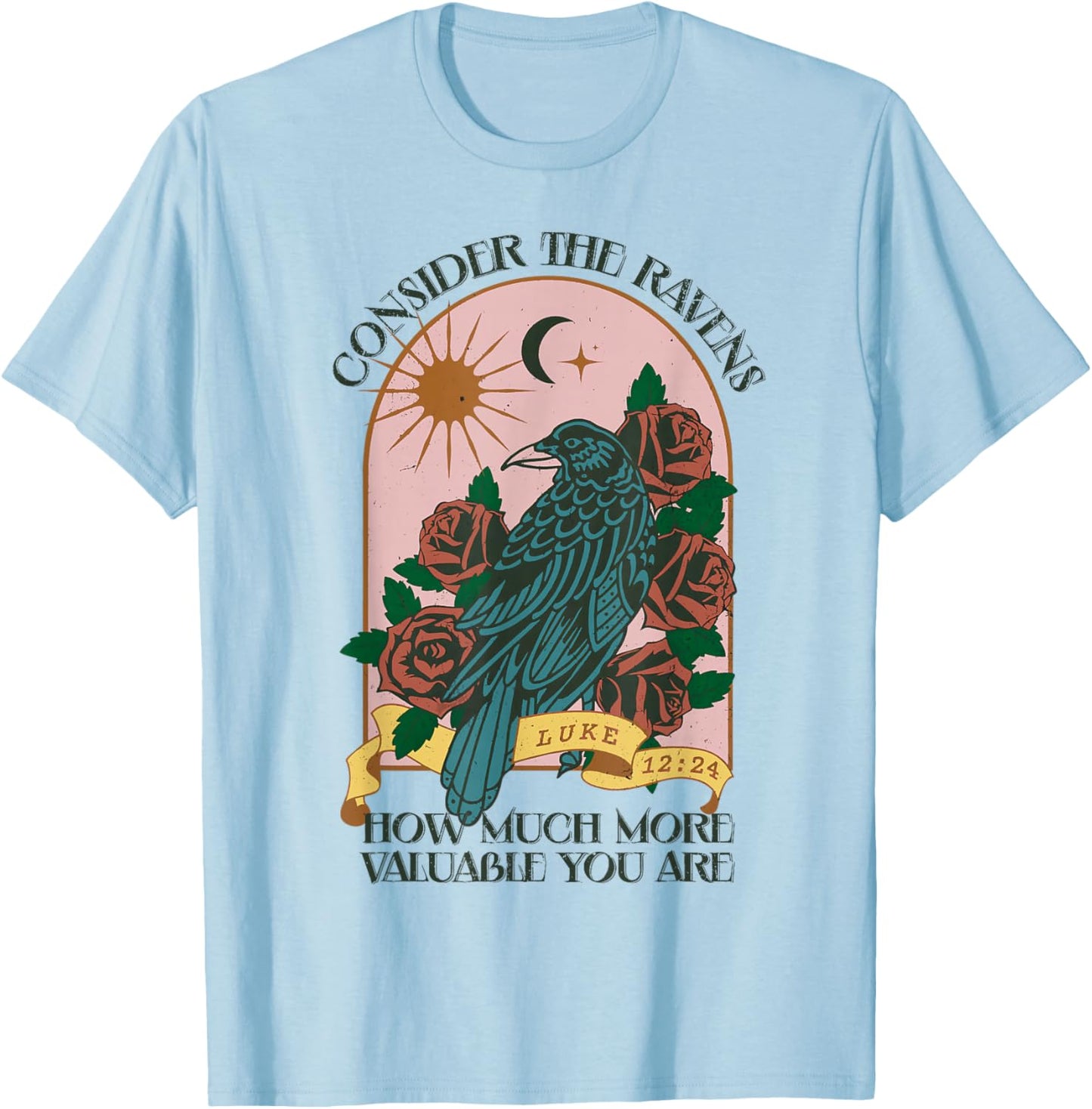 Consider Ravens Christian Bible Verse Faith Retro Religion T-Shirt - T-Shirt | Light Blue