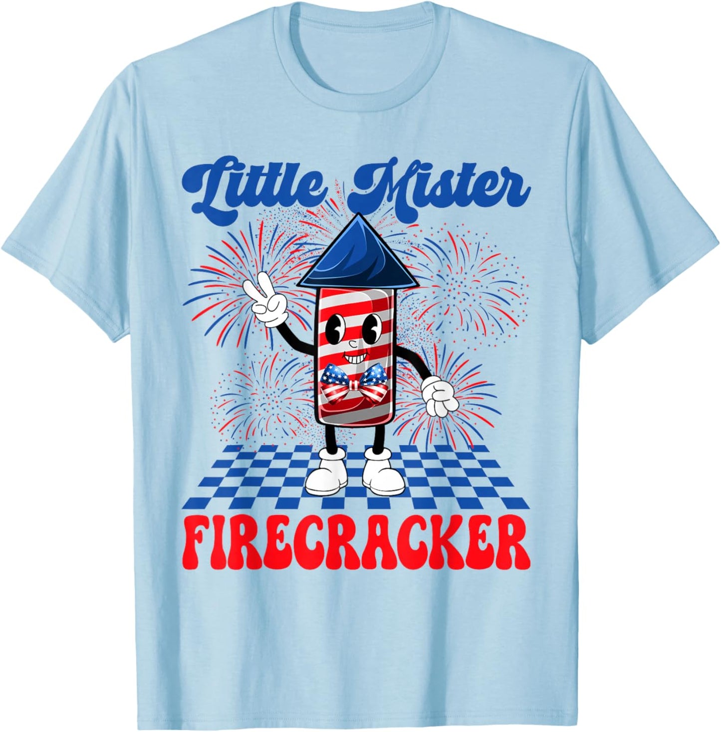 Groovy Little Mister Firecracker USA Flag 4th Of July Boys T-Shirt - T-Shirt | Light Blue