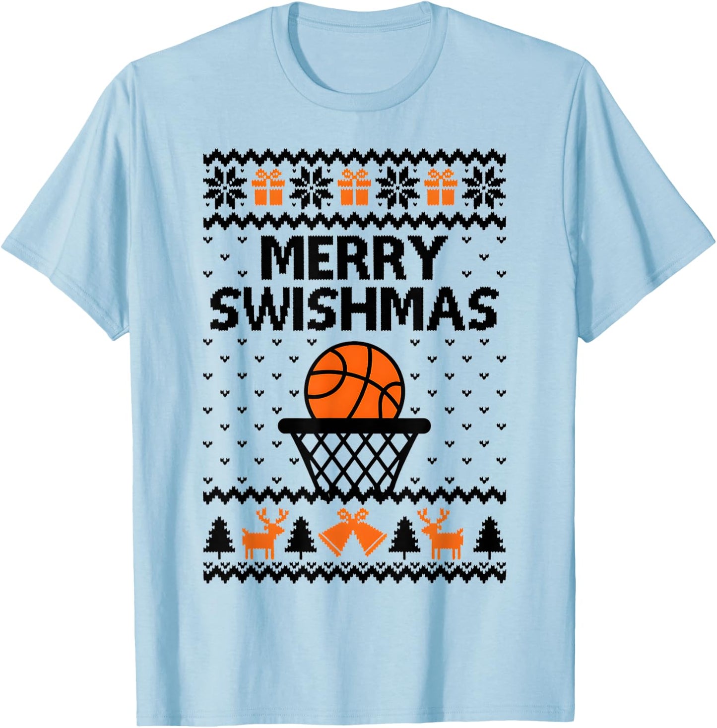 Merry Swishmas X-Mas Basketball Ugly Christmas Sweater Style T-Shirt - T-Shirt | Light Blue