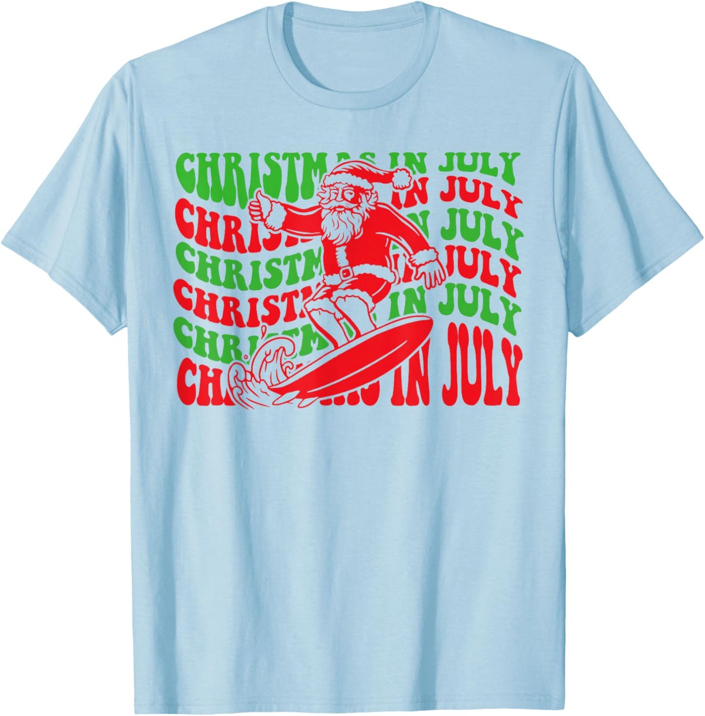 Christmas In July Surfing Funny Groovy Surfing Santa Claus T-Shirt - T-Shirt | Light Blue