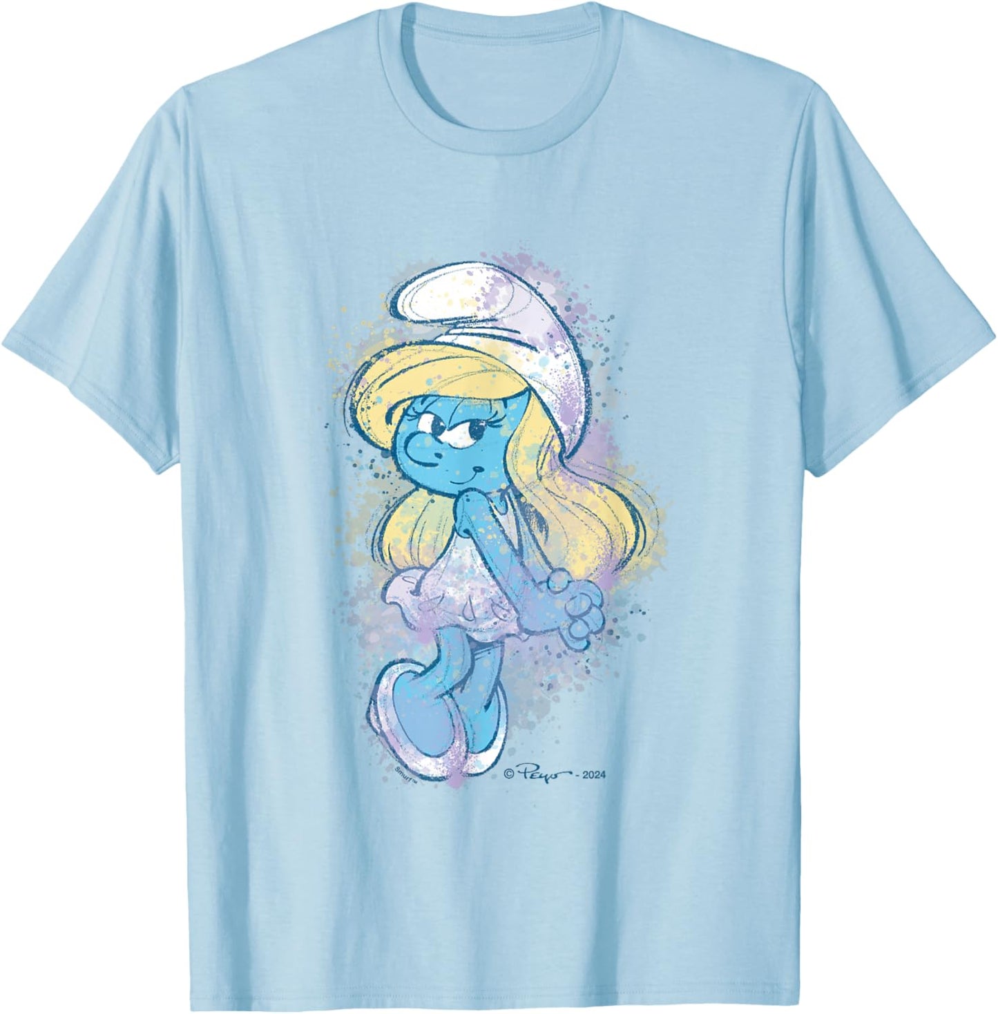 The Smurfs Cute Smurfette Watercolor Portrait Distressed T-Shirt - T-Shirt | Light Blue