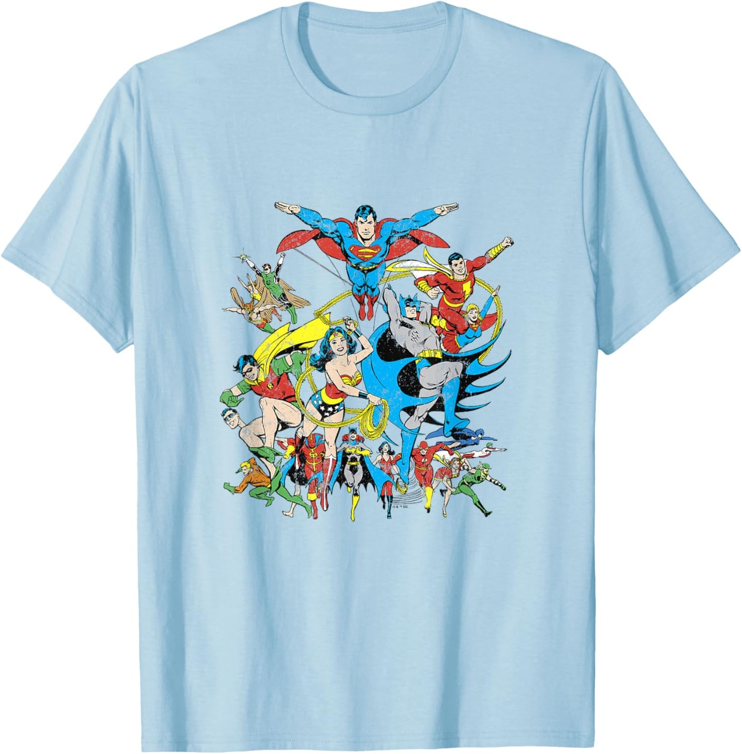 DC Comics Justice League Expanded Roster Vintage Group Shot T-Shirt - T-Shirt | Light Blue