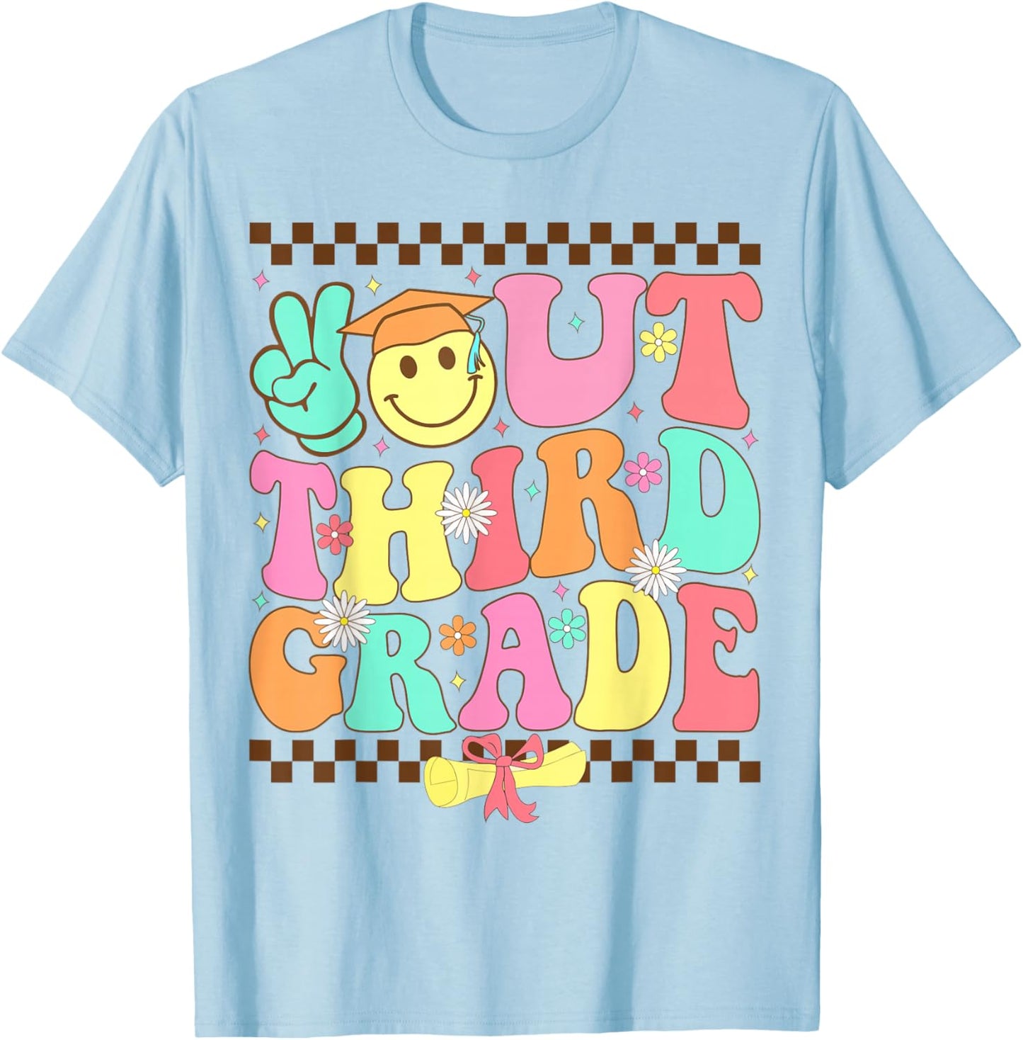 Peace Out Third Grade Last day of school Groovy 3rd Grade T-Shirt - T-Shirt | Light Blue