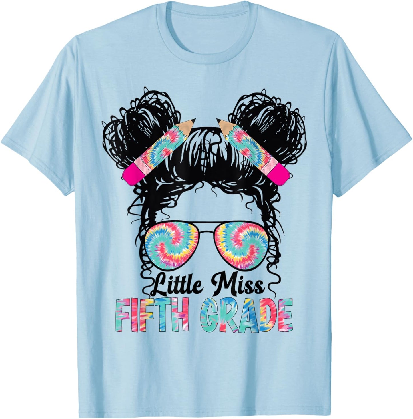 Little Miss Fifth 5th Grade Girls Back To School Messy Bun T-Shirt - T-Shirt | Light Blue