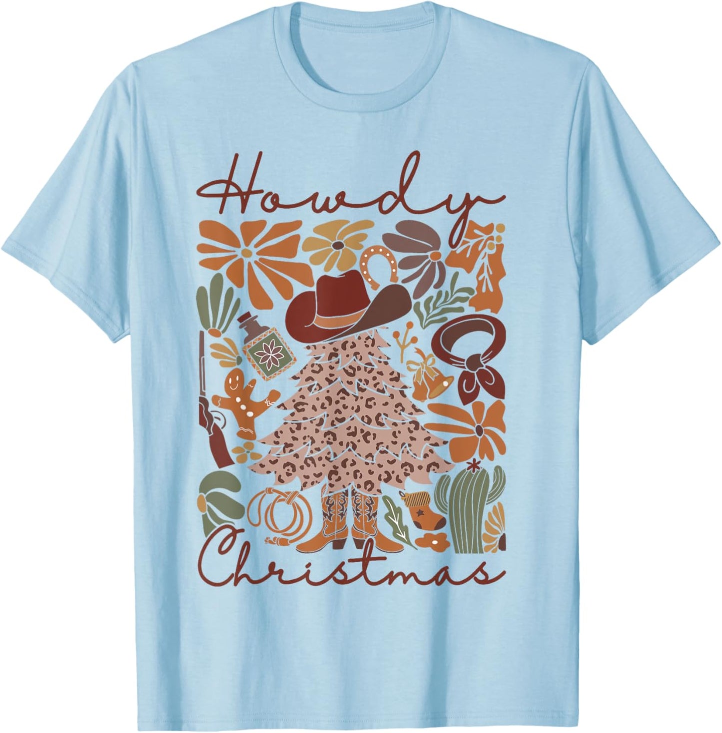 Western Santa Hat Howdy Christmas Tree Boho Flower Cowboy T-Shirt - T-Shirt | Light Blue