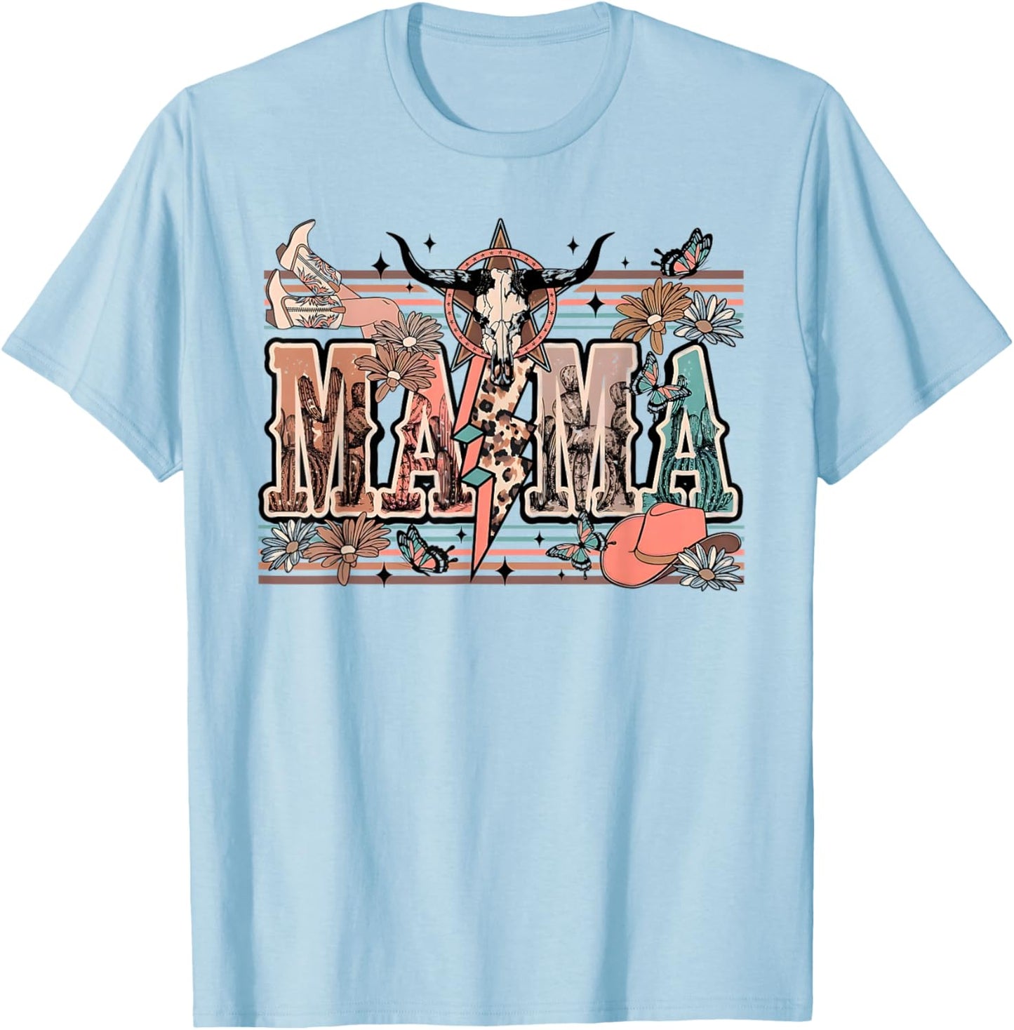 Mama Western Country Cow Skull Cowhide Mom Hippies Mama T-Shirt - T-Shirt | Light Blue