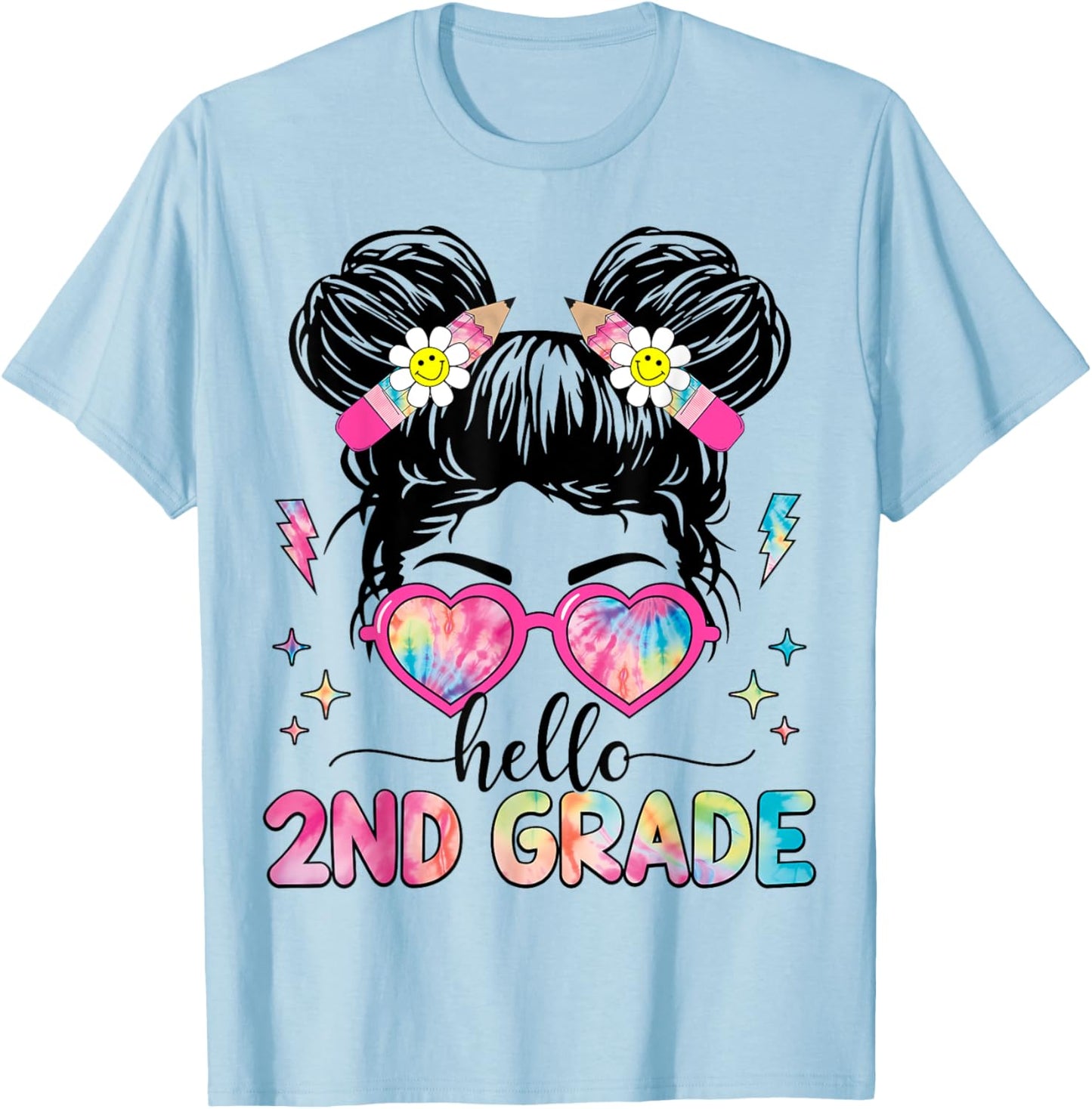 Hello 2nd Grade Messy Bun Girl Back To School First Day T-Shirt - T-Shirt | Light Blue