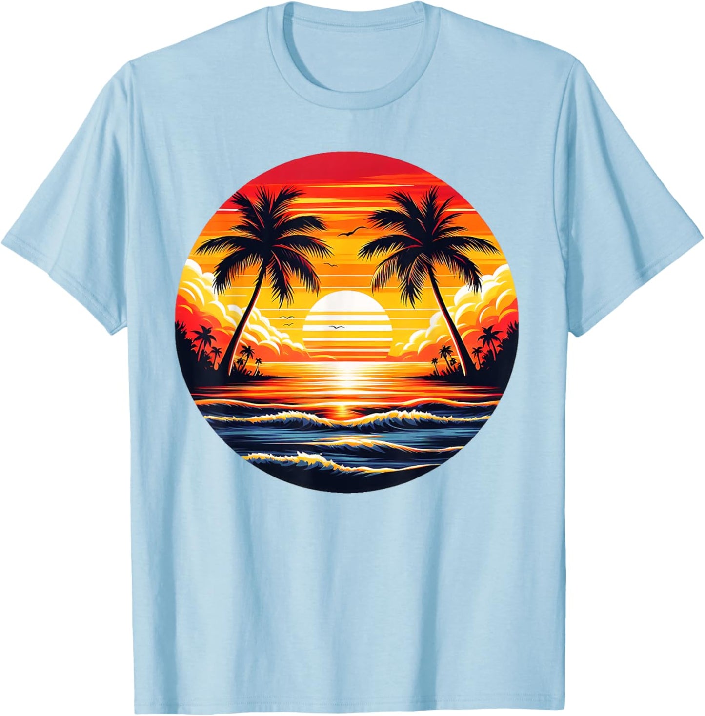 Vintage Beach Sunset Palm Tree 70s 80s Summer Vacation Retro T-Shirt - T-Shirt | Light Blue