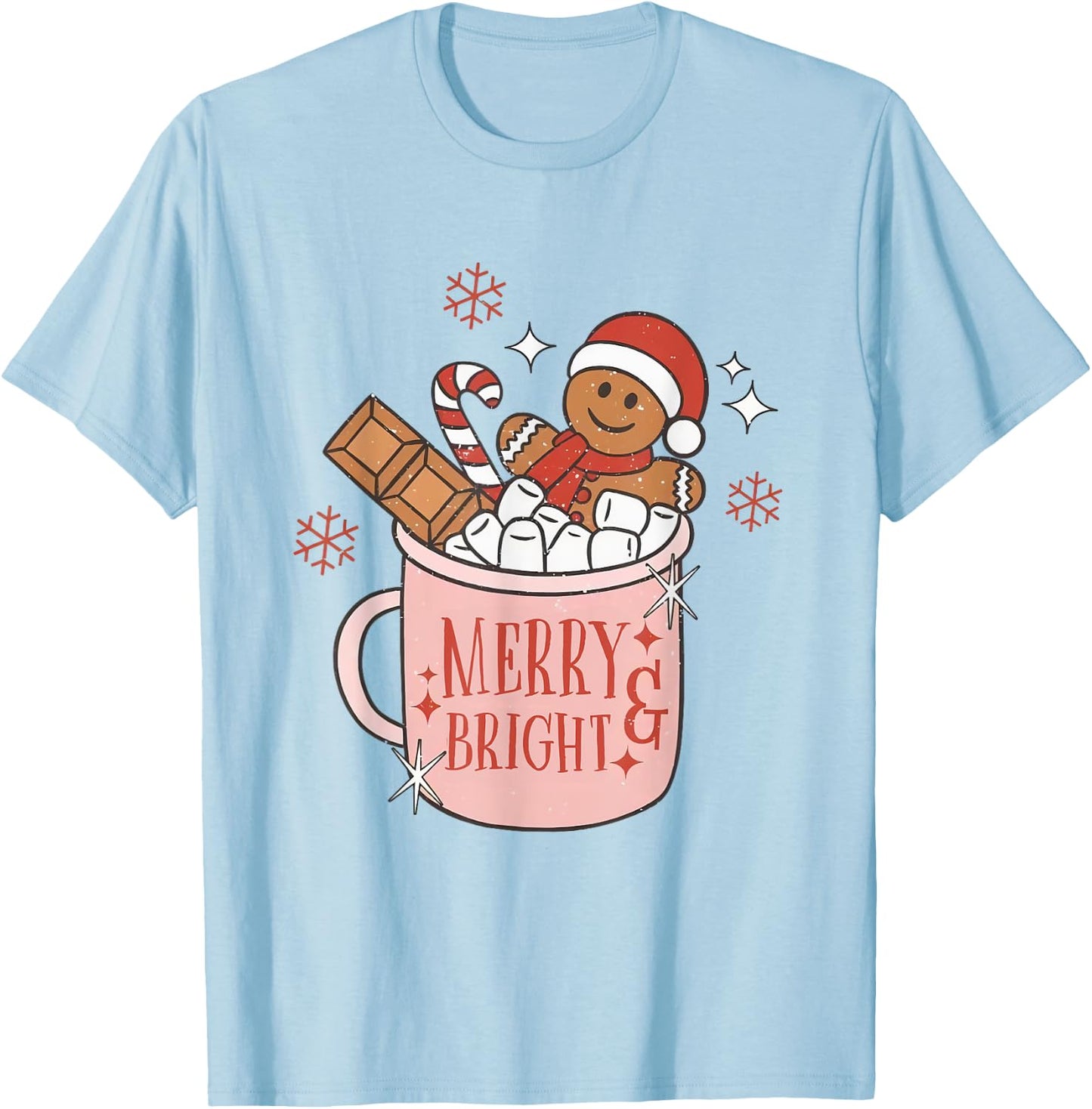 Merry and Bright Gingerbread Hat Santa Hot Cocoa Christmas T-Shirt - T-Shirt | Light Blue