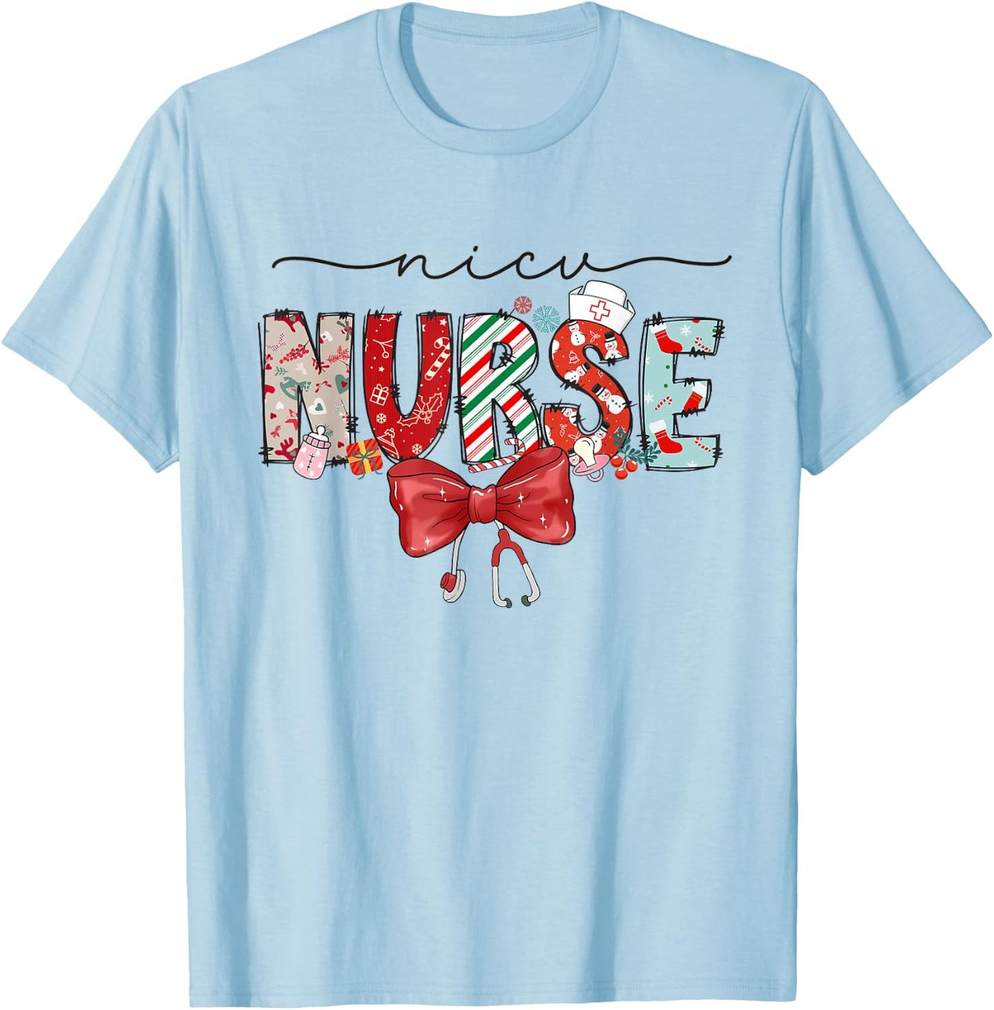 NICU Nurse Christmas Coquette Bow Holiday NICU Crew Team T-Shirt - T-Shirt | Light Blue