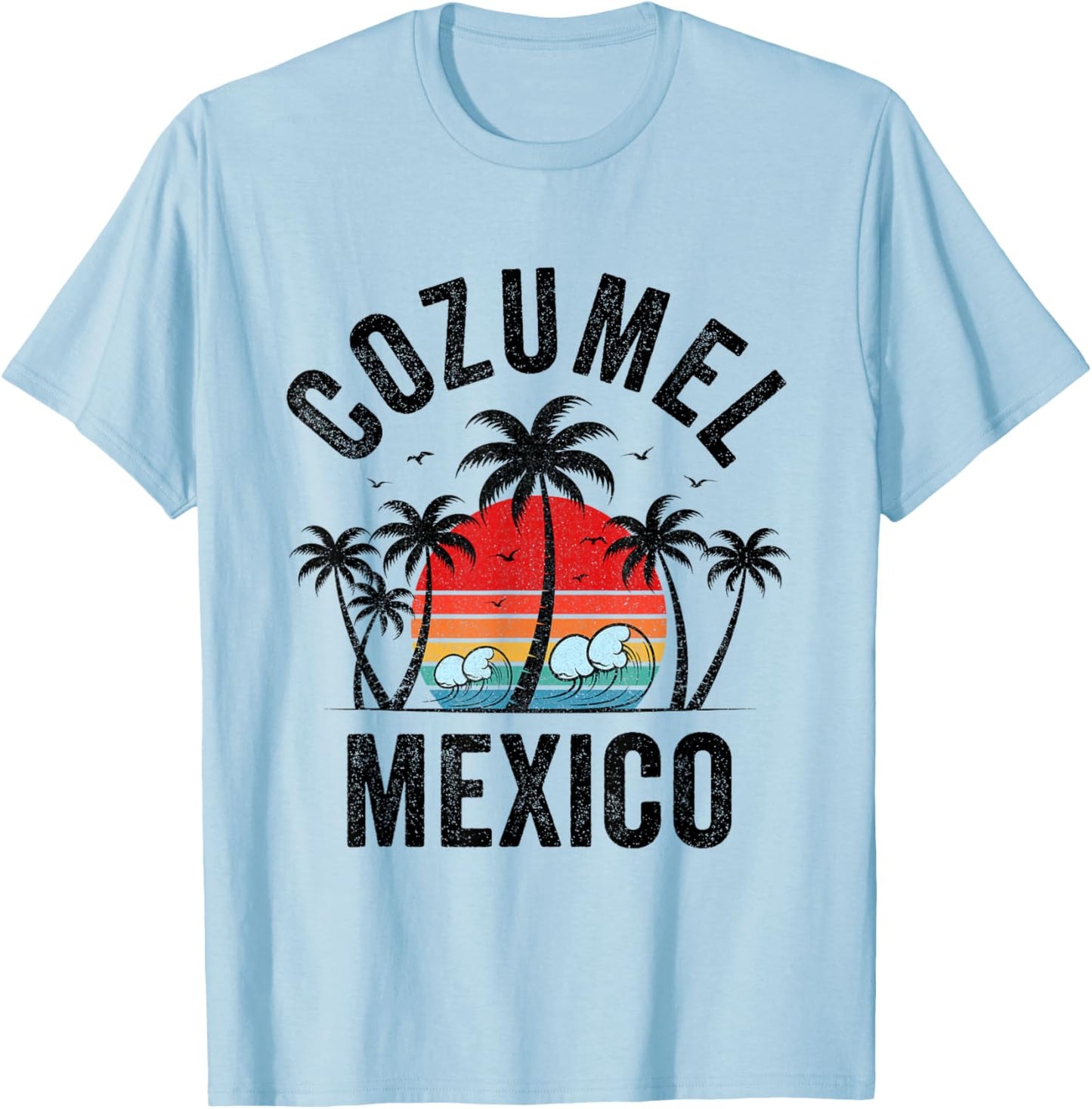 Cozumel Mexico Beach Palm Trees Sunset Surf Vintage Men Women Girls Kids T-Shirt - T-Shirt | Light Blue