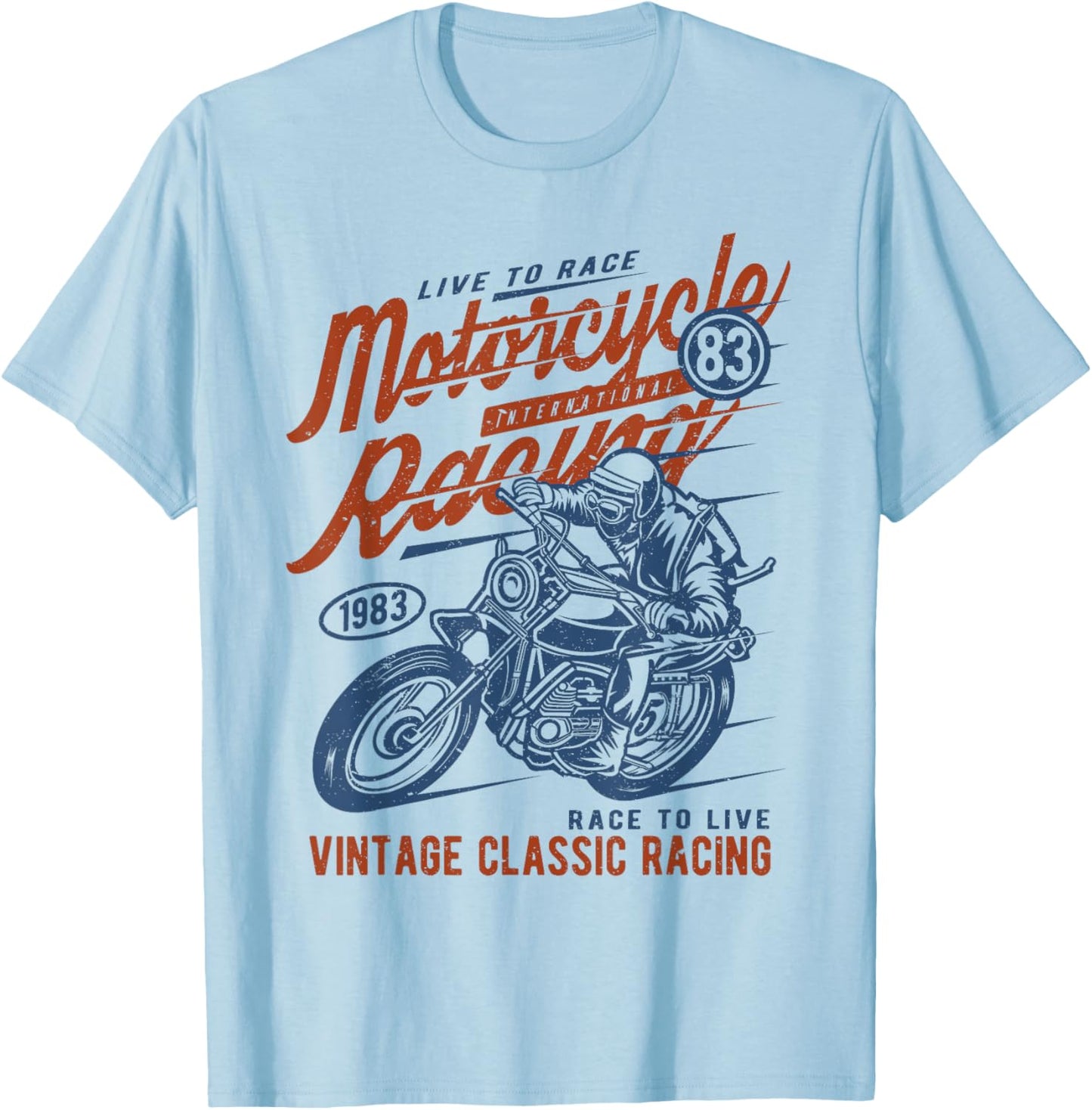Retro Vintage Style Motorcycle Racing Distressed Design T-Shirt - T-Shirt | Light Blue