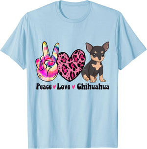 Tie Dye Peace Love Leopard Black And Tan Chihuahua Dog Lover Men Women T-Shirt - T-Shirt | Light Blue