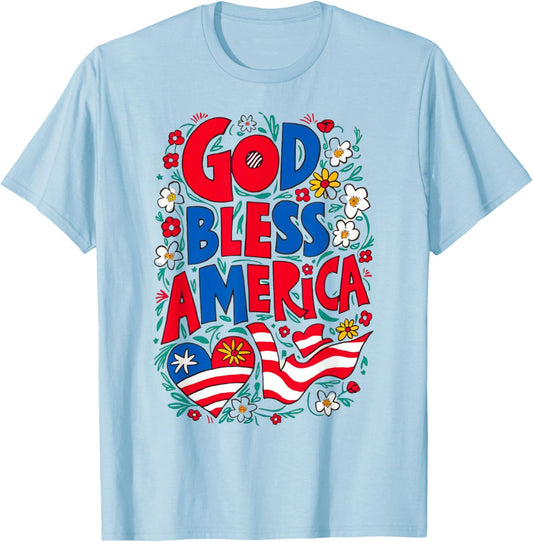 God Bless America Patriotic USA Flag Christian 4th of July T-Shirt - T-Shirt | Light Blue