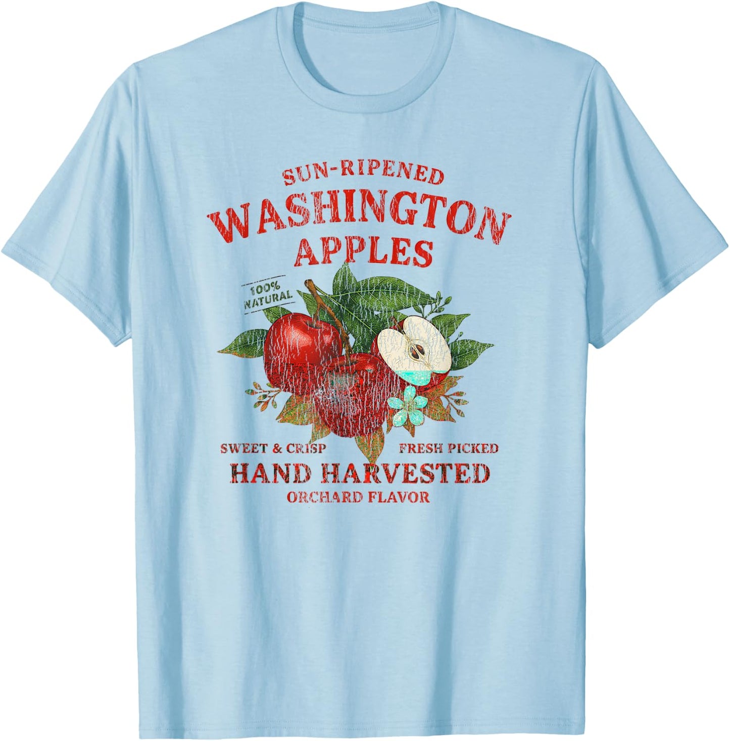 Washington Apples Retro Fruit Label State Fruit Distressed T-Shirt - T-Shirt | Light Blue