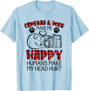 Cameras And Dogs Make Me Happy Funny Photographers Shirt T-Shirt - T-Shirt | Light Blue