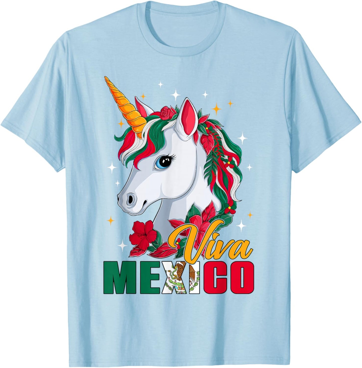 Viva Mexico Mexican Independence Day Mexican Flag Unicorn T-Shirt - T-Shirt | Light Blue