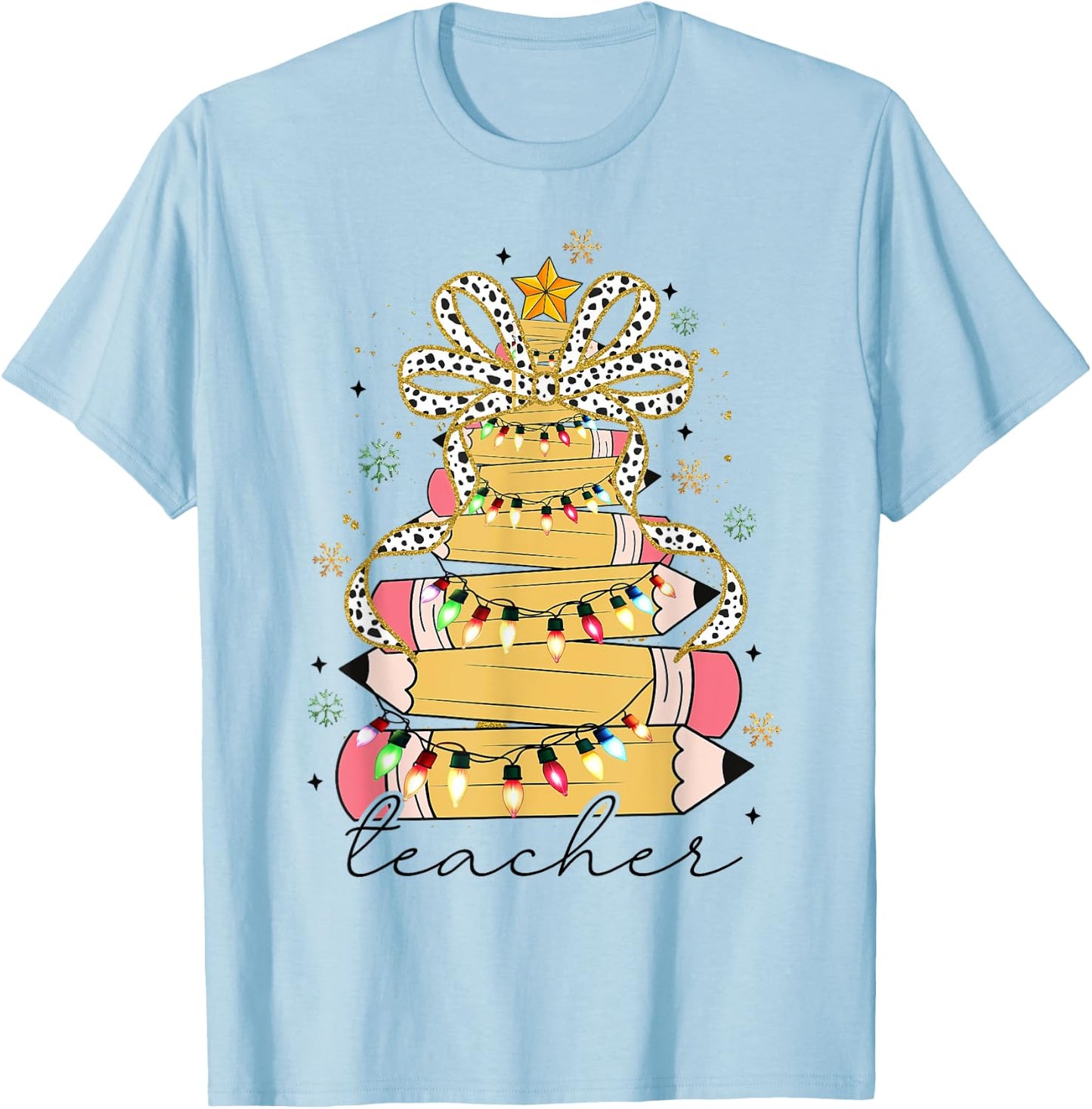 Teacher Crayon Christmas Tree Lights Student School Xmas T-Shirt - T-Shirt | Light Blue