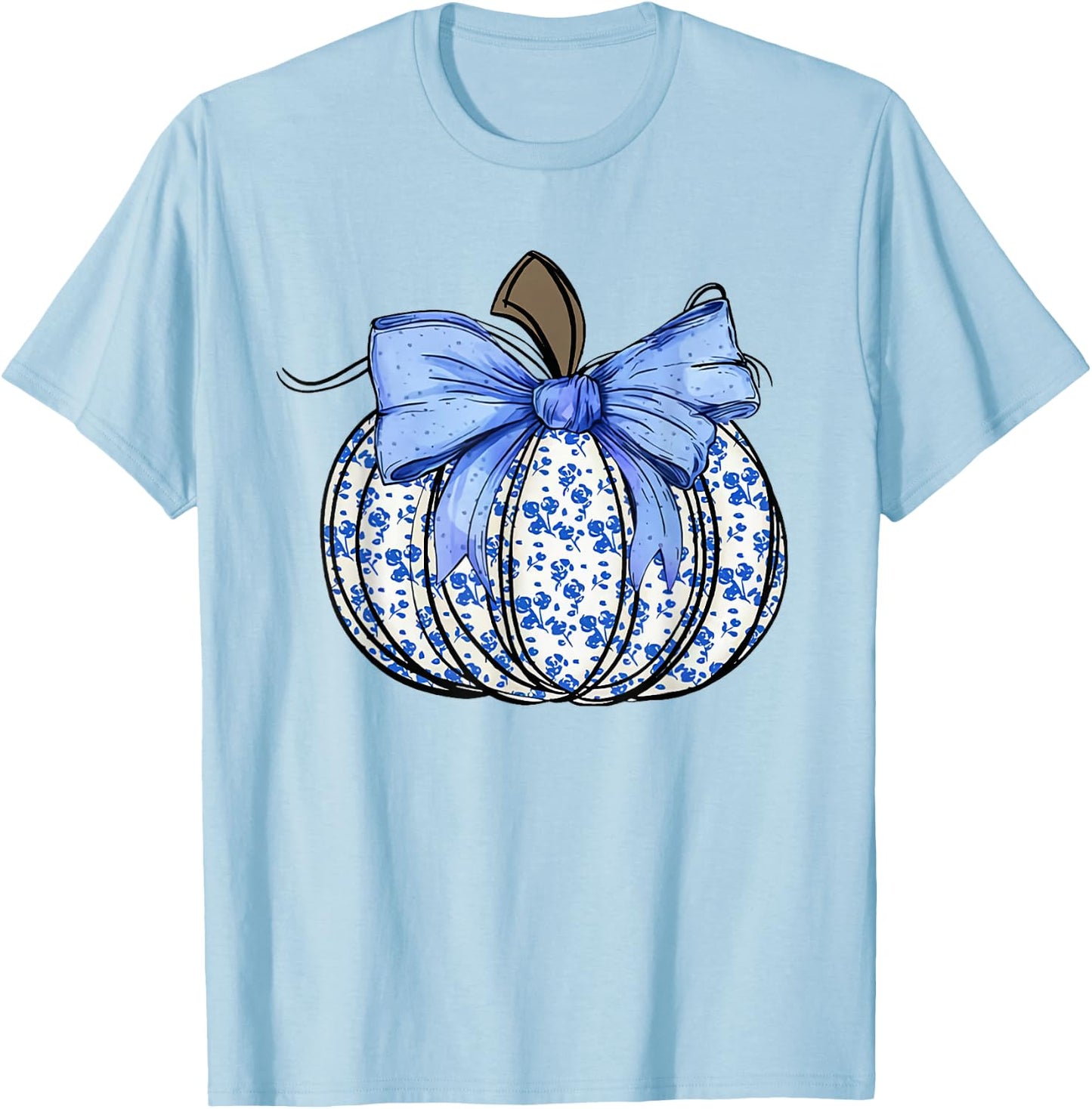 Retro Coquette Bow Blue Floral Pumpkin Halloween Autumn Fall T-Shirt - T-Shirt | Light Blue