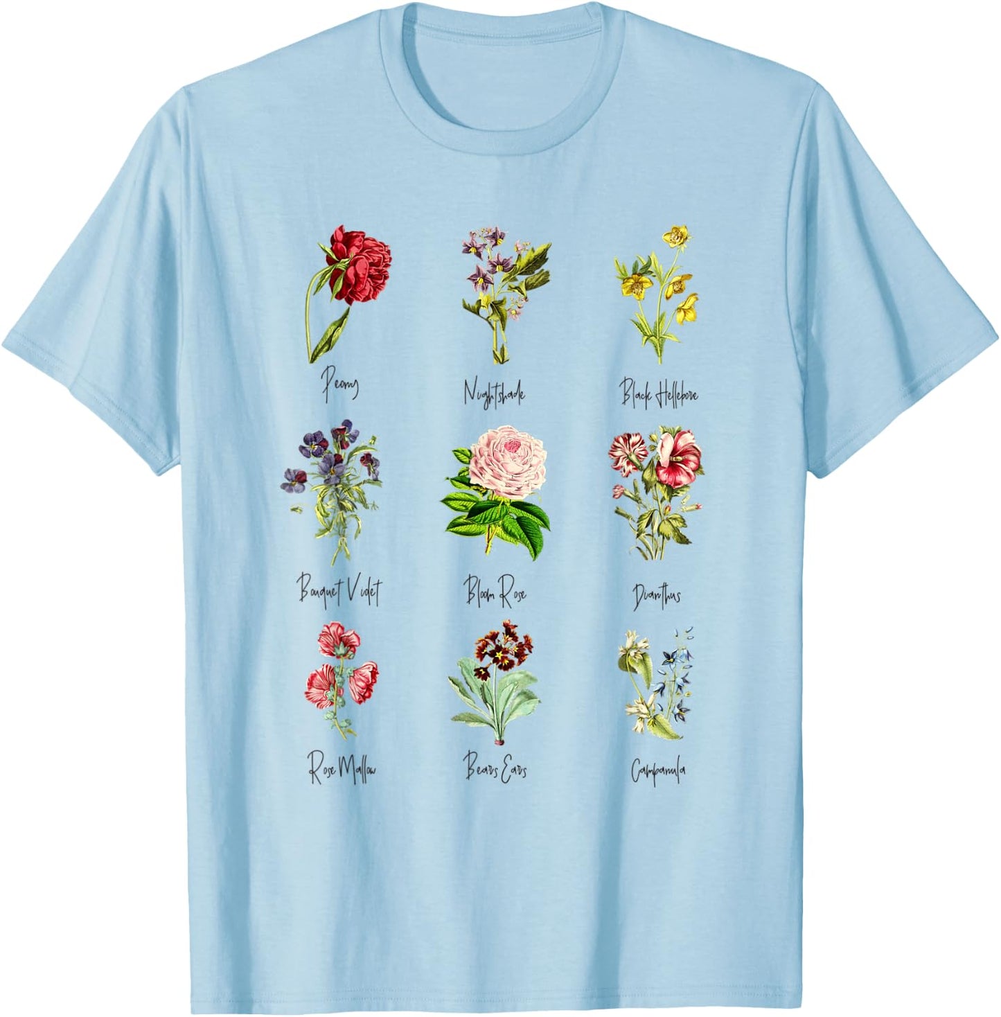 Vintage Botanical Floral Flower Chart T-Shirt - T-Shirt | Light Blue