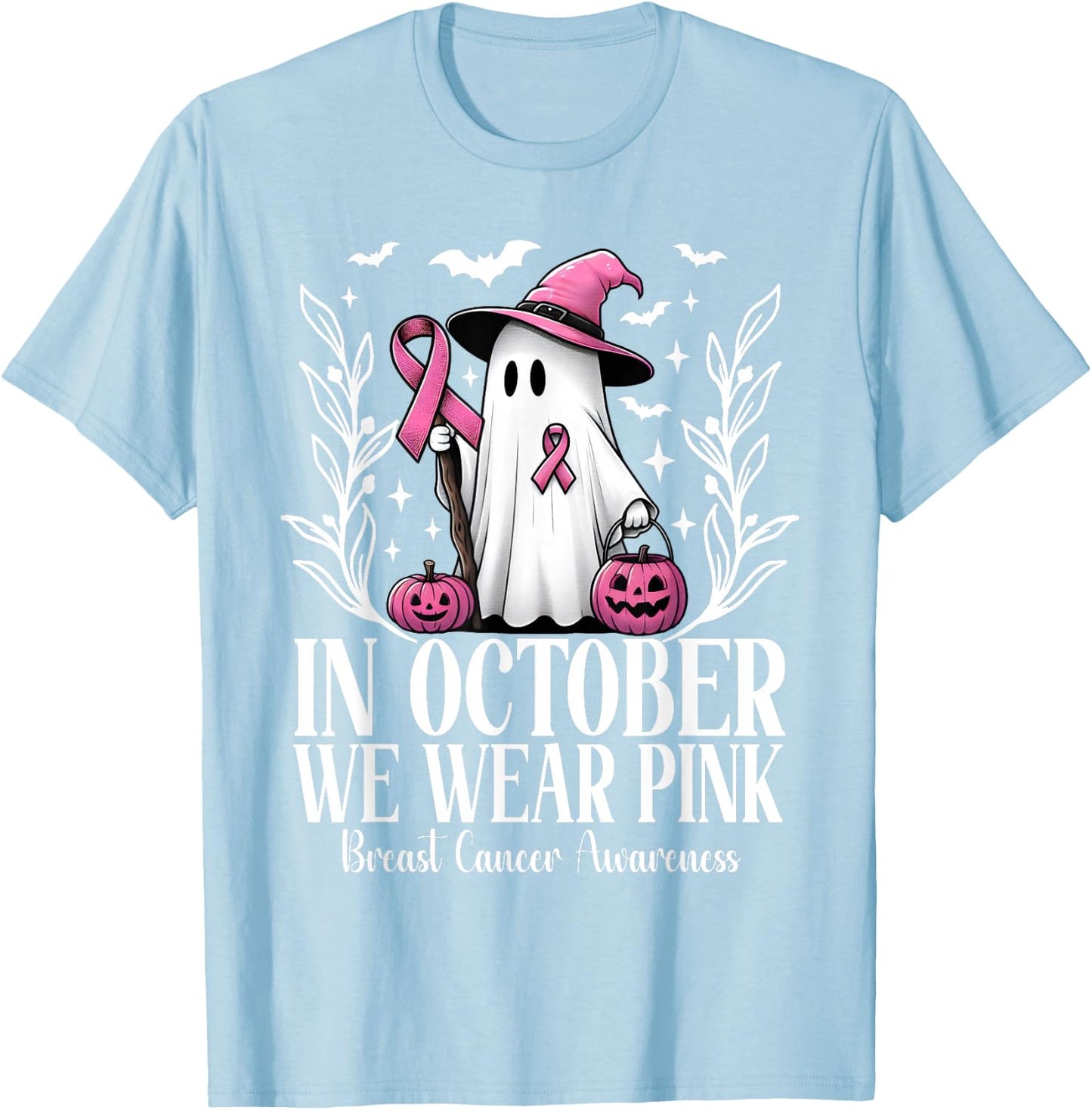 In October We Wear Pink Breast Cancer Ghost Witch Halloween T-Shirt - T-Shirt | Light Blue