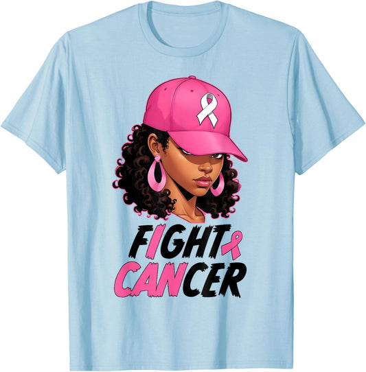 Black Girl Black Woman Breast Cancer Awareness Pink Ribbon T-Shirt - T-Shirt | Light Blue