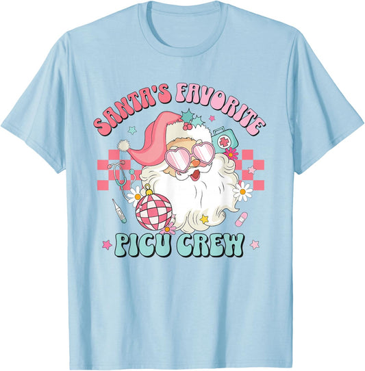 Retro Pink Christmas Santa's Favorite PICU Nurse Pediatric T-Shirt - T-Shirt | Light Blue
