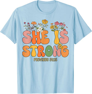 Toddler She Is Strong Jesus Christian God Sister Daughter T-Shirt - T-Shirt | Light Blue