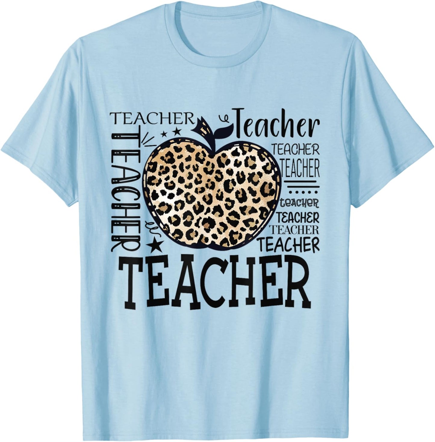 Leopard Apple Teacher Graphic Funny Teacher Back to School T-Shirt - T-Shirt | Light Blue