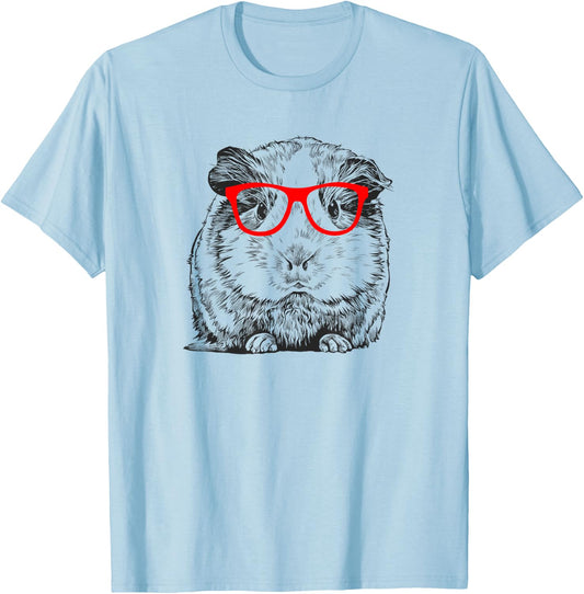 Hipster Guinea Pig in Red Glasses Pet Animal T Shirt T-Shirt - T-Shirt | Light Blue