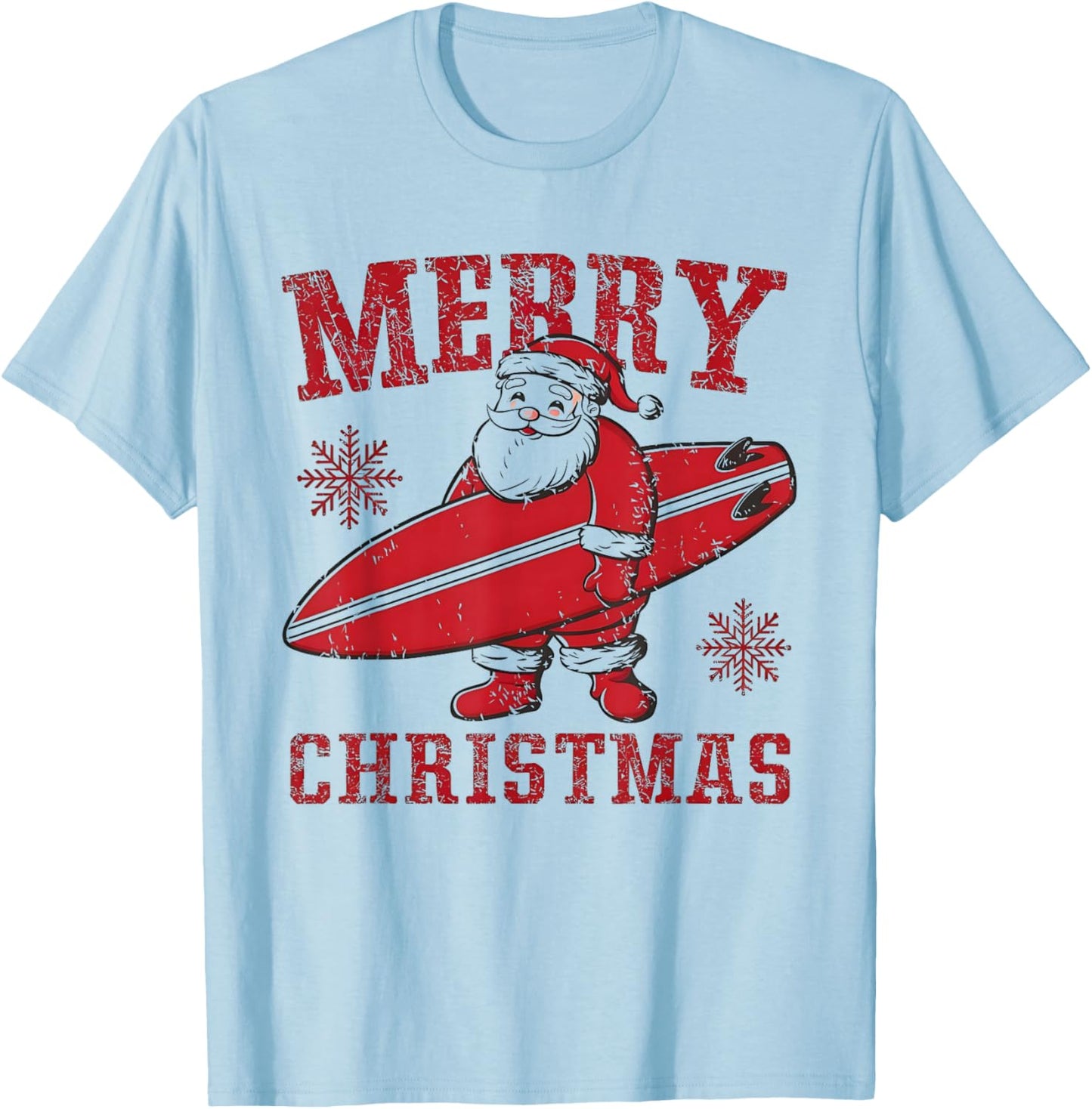 Merry Christmas Santa Claus Surfing Summer SurfBoard Beach T-Shirt - T-Shirt | Light Blue