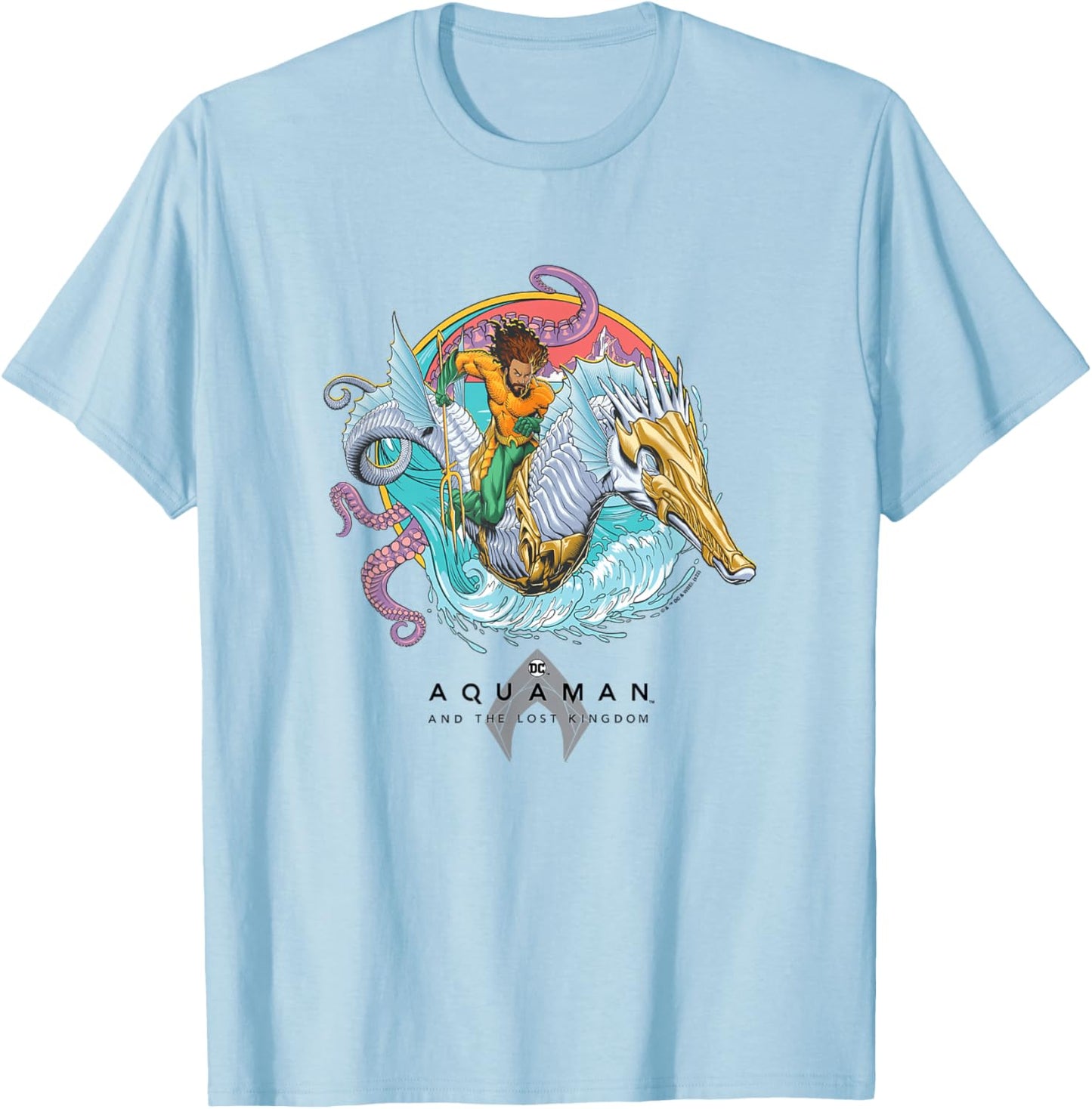 Aquaman And The Lost Kingdom Seahorse Ride Superhero Circle T-Shirt - T-Shirt | Light Blue