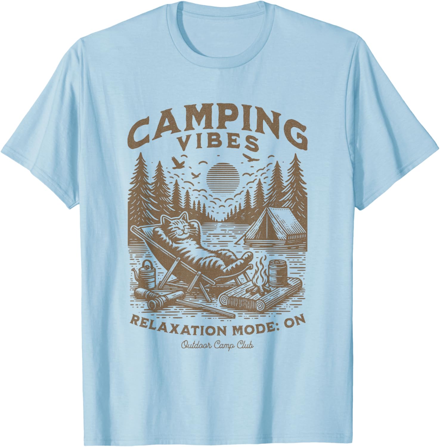 Camping Vibes Funny Cat Campfire Outdoor Nature Lovers Camp Men Women Kids T-Shirt - T-Shirt | Light Blue