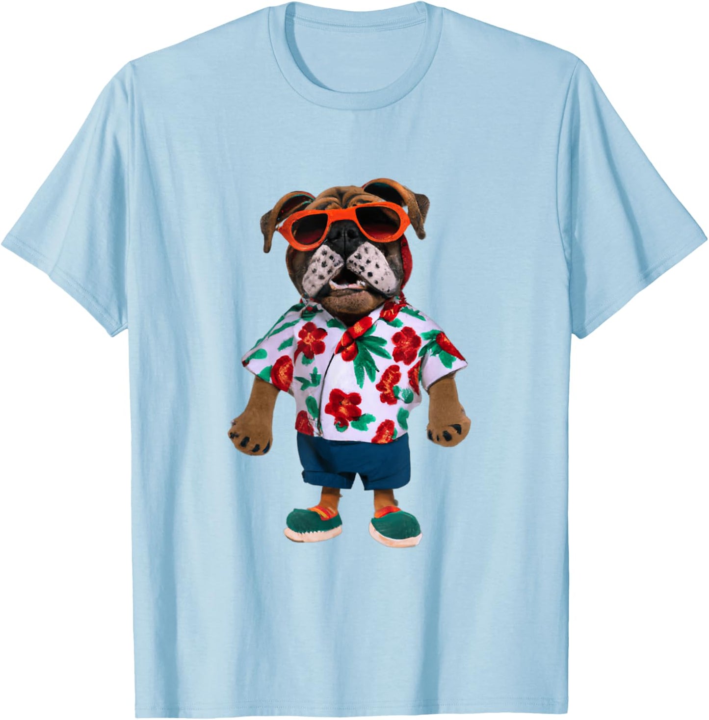 Bulldog Wearing A Hawaiian Shirt T-Shirt - T-Shirt | Light Blue