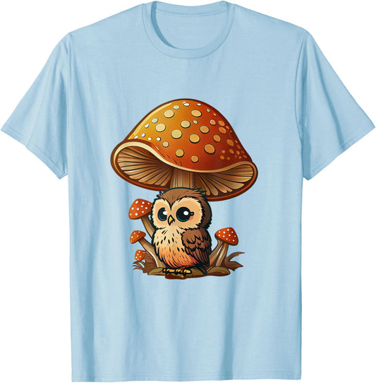 Vintage Cottagecore Aesthetic Mushroom Cute Owl Graphic T-Shirt - T-Shirt | Light Blue
