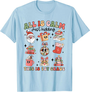 Retro First Grade Teacher Christmas All Is Calm Disco Ball T-Shirt - T-Shirt | Light Blue