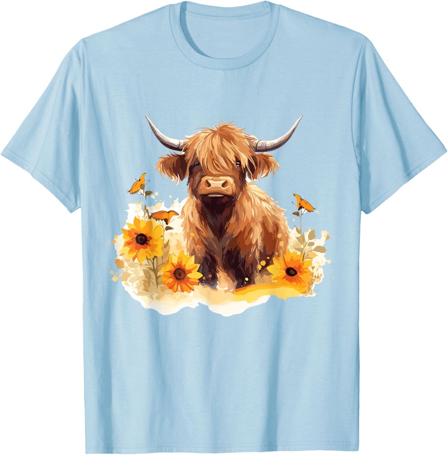 Scottish Highland Cow Sunflowers Heifer Country Farmer Girl T-Shirt - T-Shirt | Light Blue