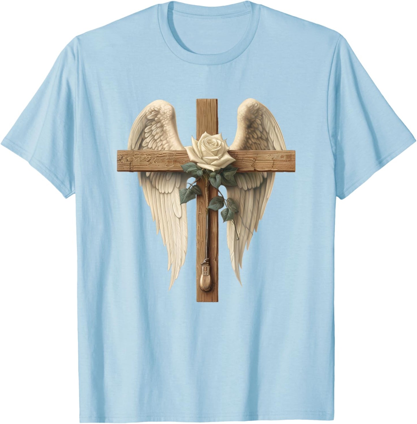 White Rose Flower Christian Cross With Angel Wings T-Shirt - T-Shirt | Light Blue