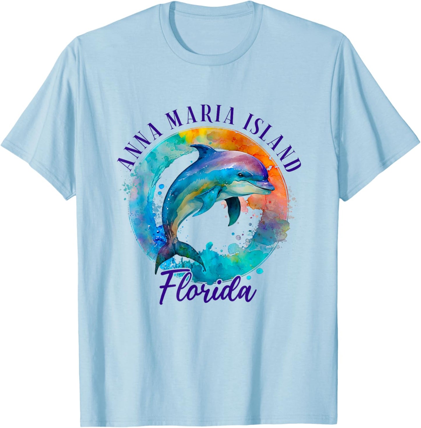 Anna Maria Island Florida Happy Watercolor Dolphin T-Shirt - T-Shirt | Light Blue
