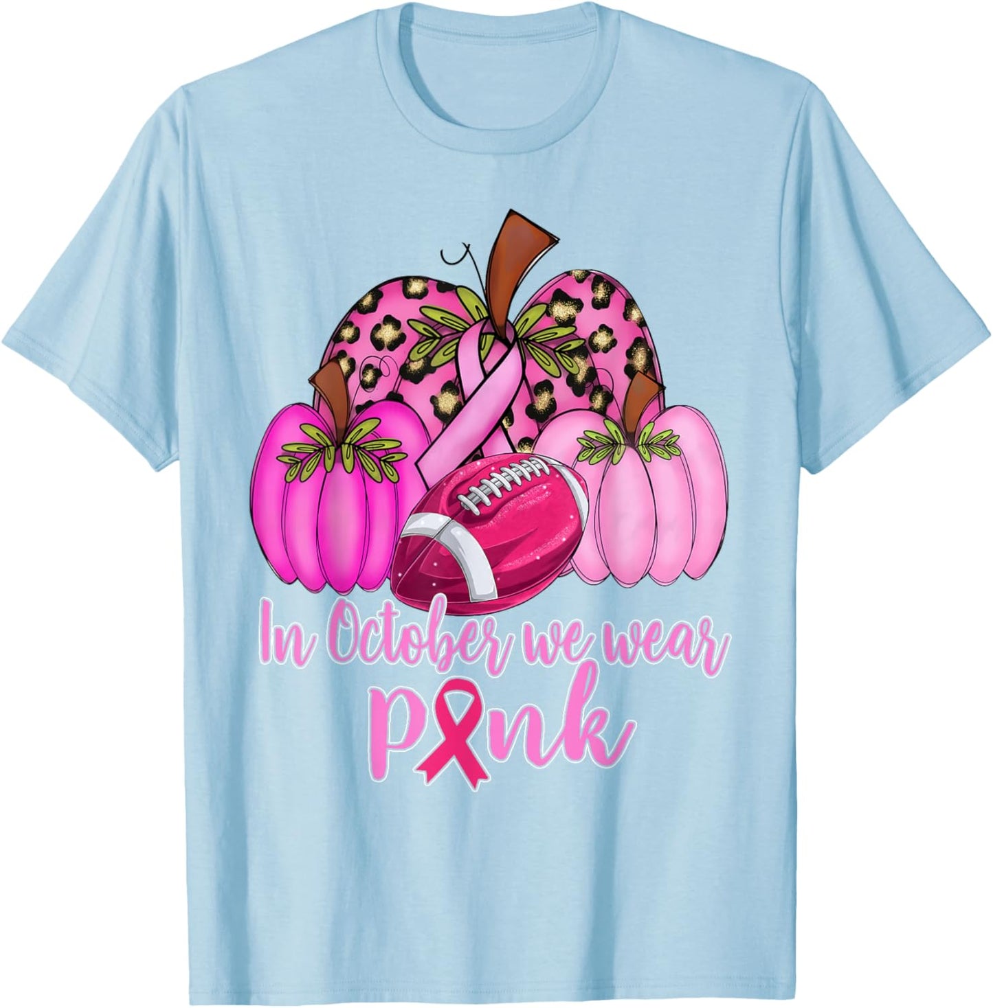 In October We Wear Pink Football Pumpkin Breast Cancer T-Shirt - T-Shirt | Light Blue
