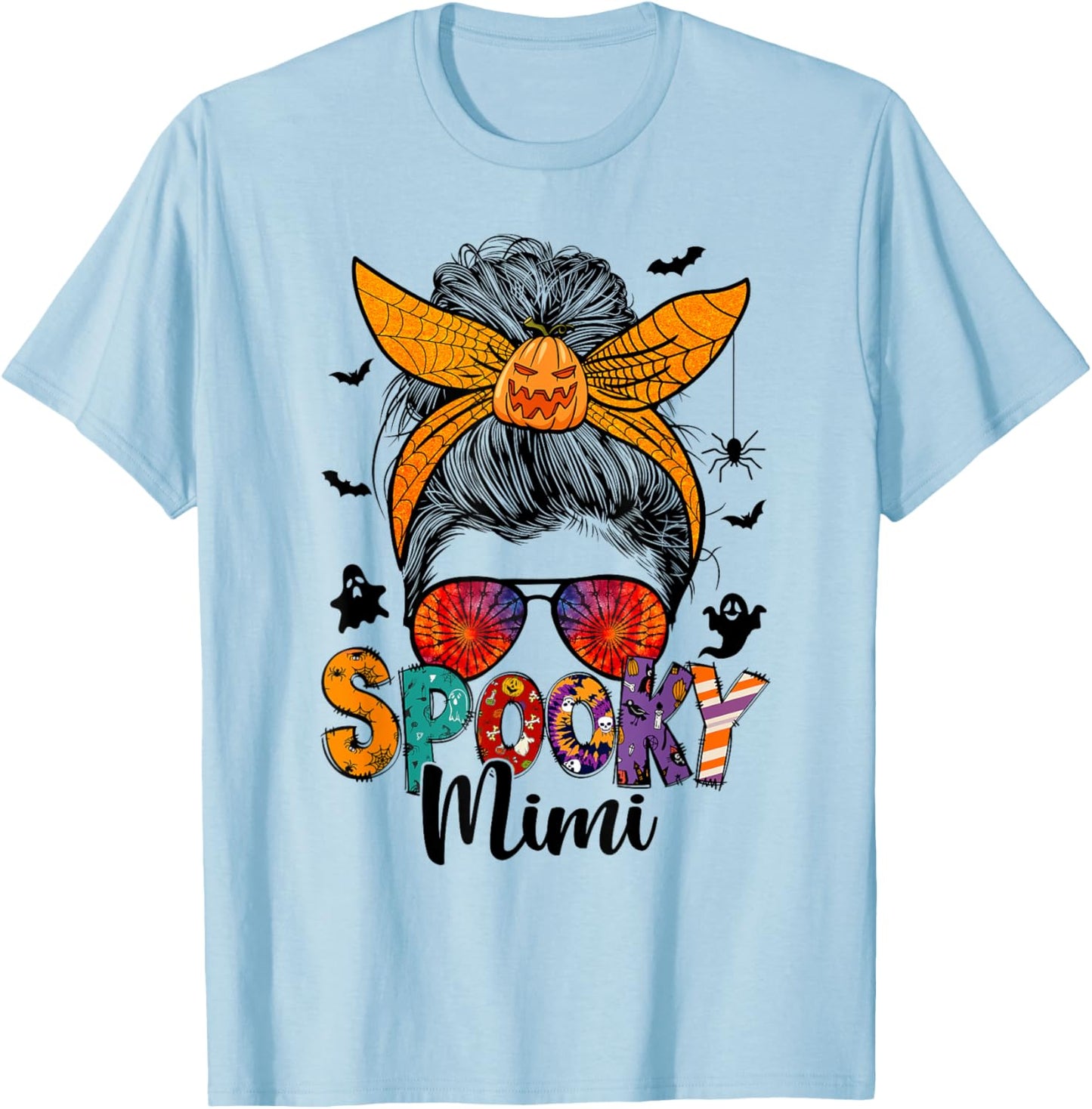 Spooky Mimi Messy Bun Grandma Pumpkin Halloween Pumpkin T-Shirt - T-Shirt | Light Blue