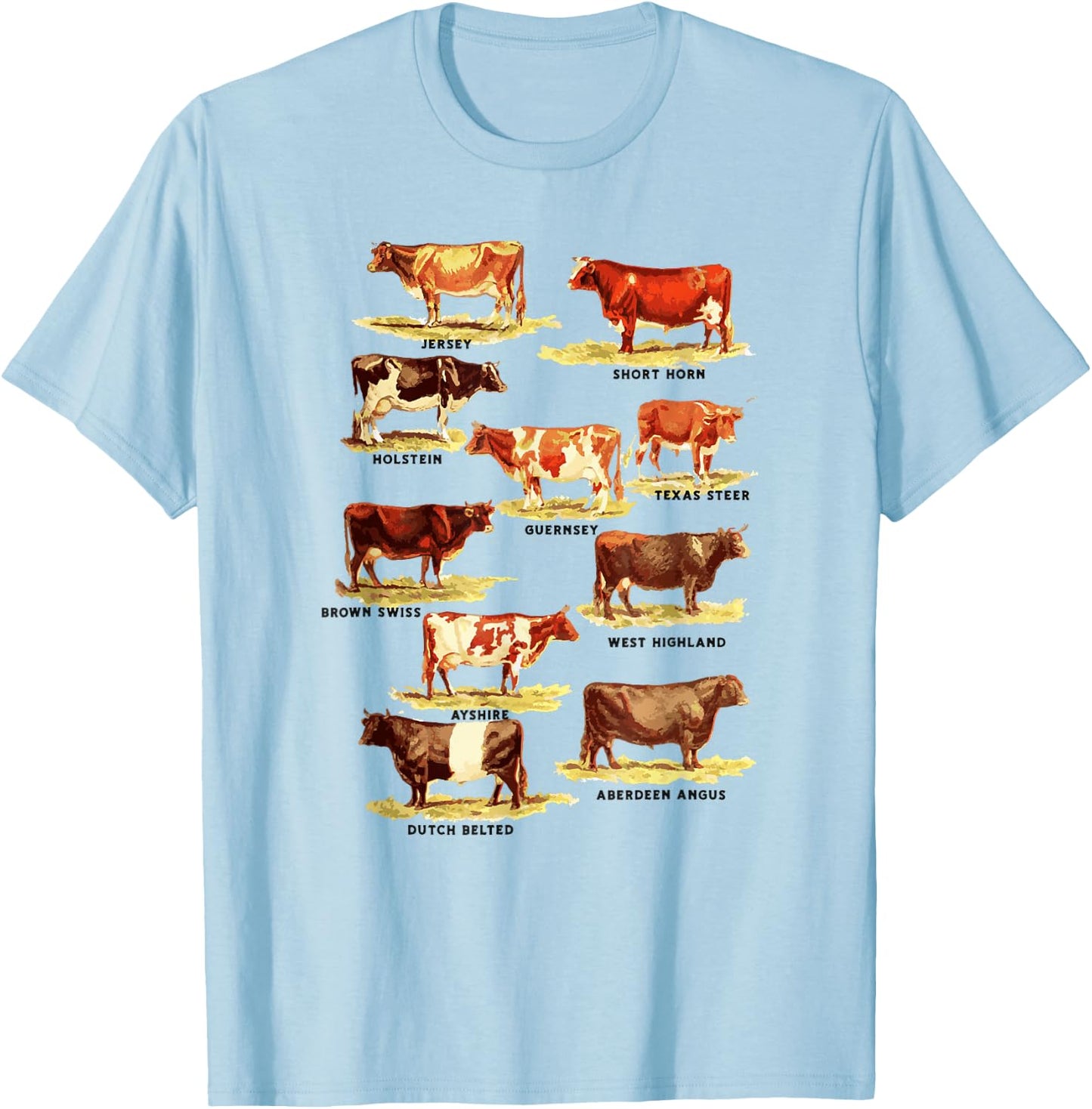 Vintage Cow Breeds Retro Farmer Beef and Dairy Graphic T-Shirt - T-Shirt | Light Blue
