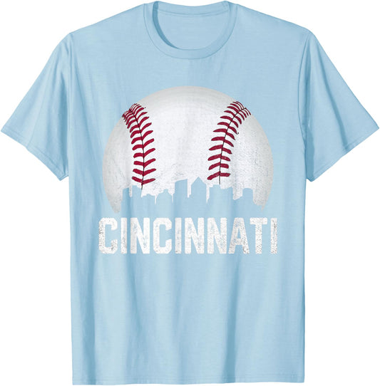 Cincinnati Baseball Ohio Skyline City Vintage Style T-Shirt - T-Shirt | Light Blue